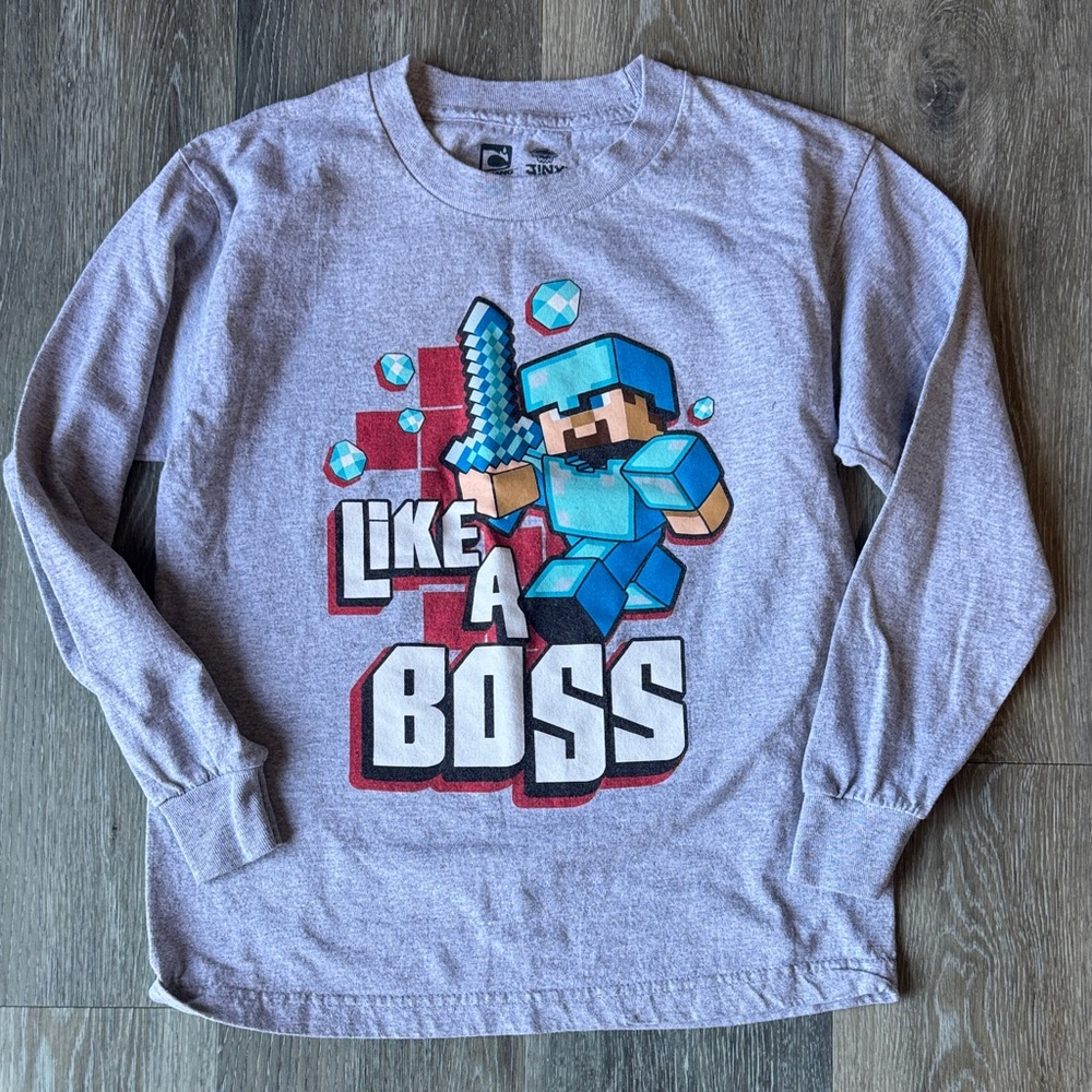 Minecraft 'Like a Boss' Kids Long-Sleeve Graphic Tee - Gray/Blue